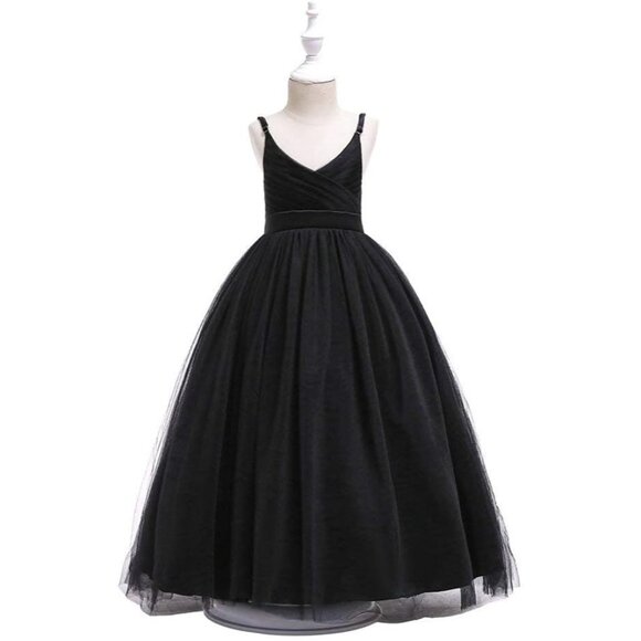 🆕Girls V-Black Tulle Spaghetti Strap Dress Cotton A-Line Wedding Party Gown - Picture 7 of 8